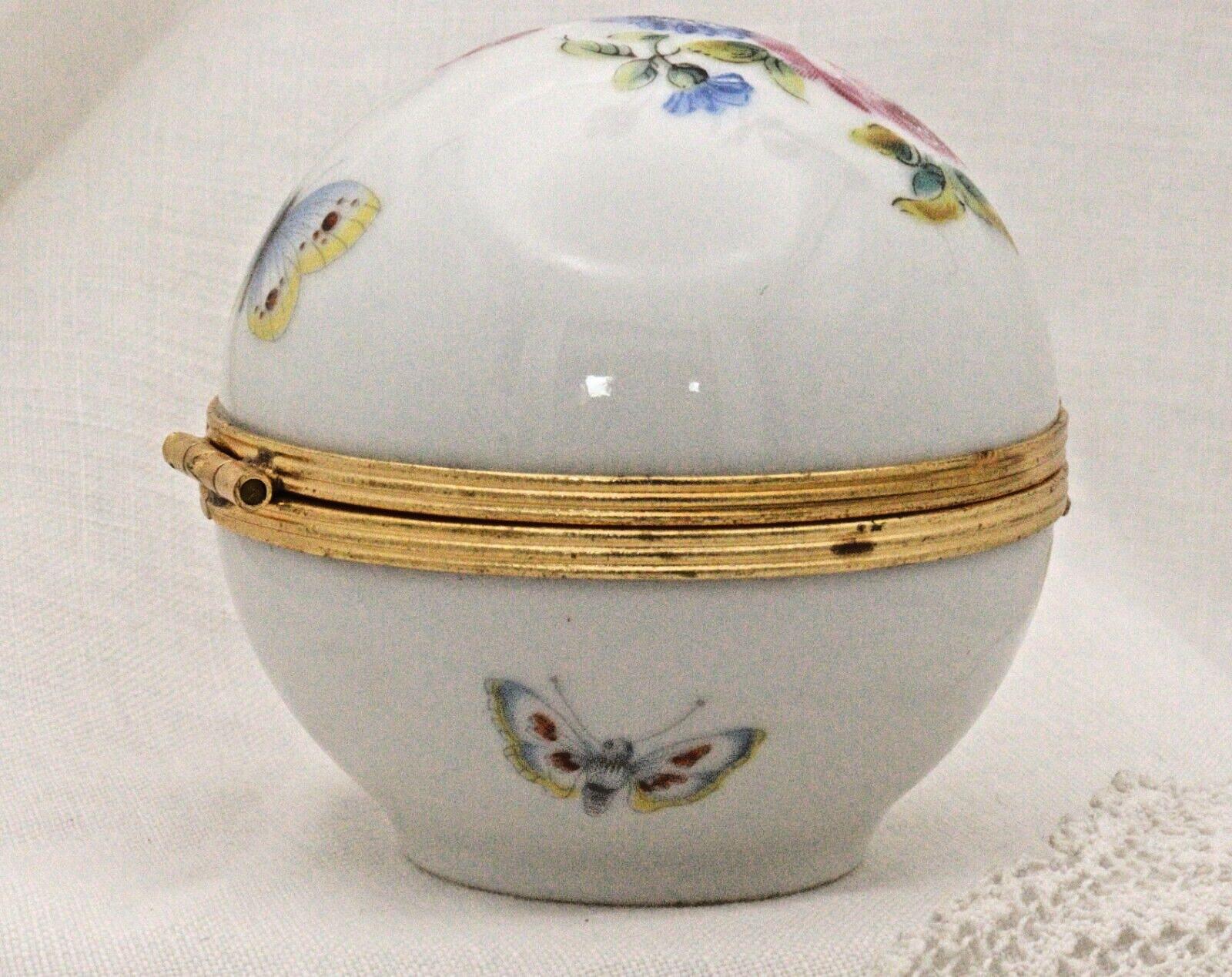 Porcelain Trinket Box: French Butterfly and Floral Art (Round, Hinged)