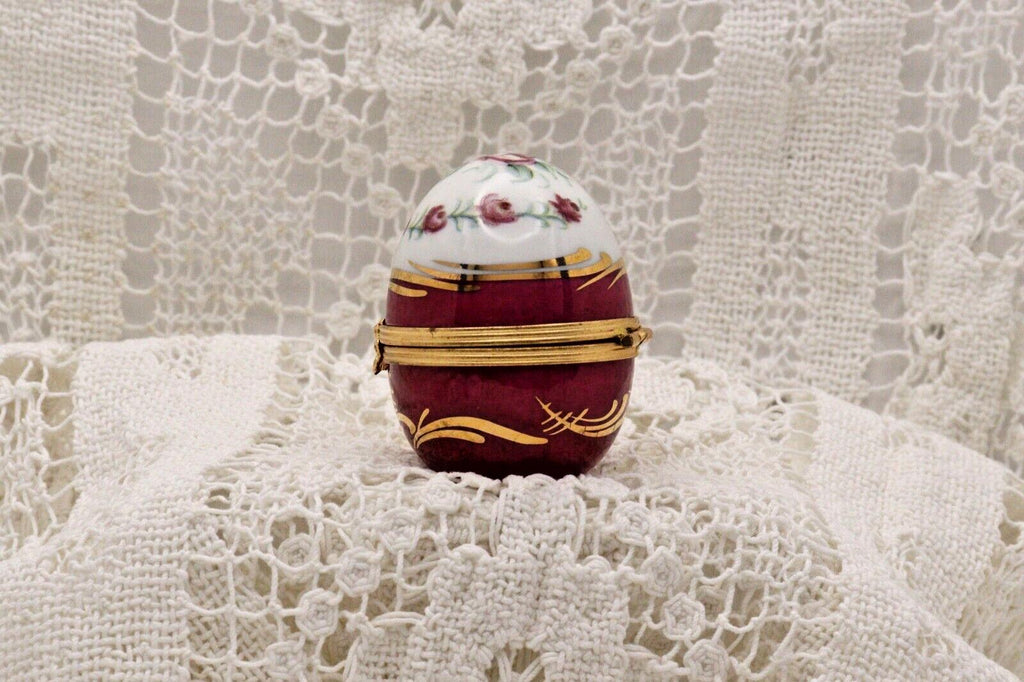 Limoges Porcelain Trinket Box, Egg Shape, Burgundy Roses (2" x 1.5")