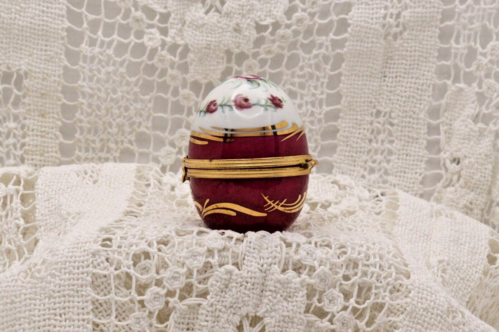 Limoges Porcelain Trinket Box, Egg Shape, Burgundy Roses (2" x 1.5")