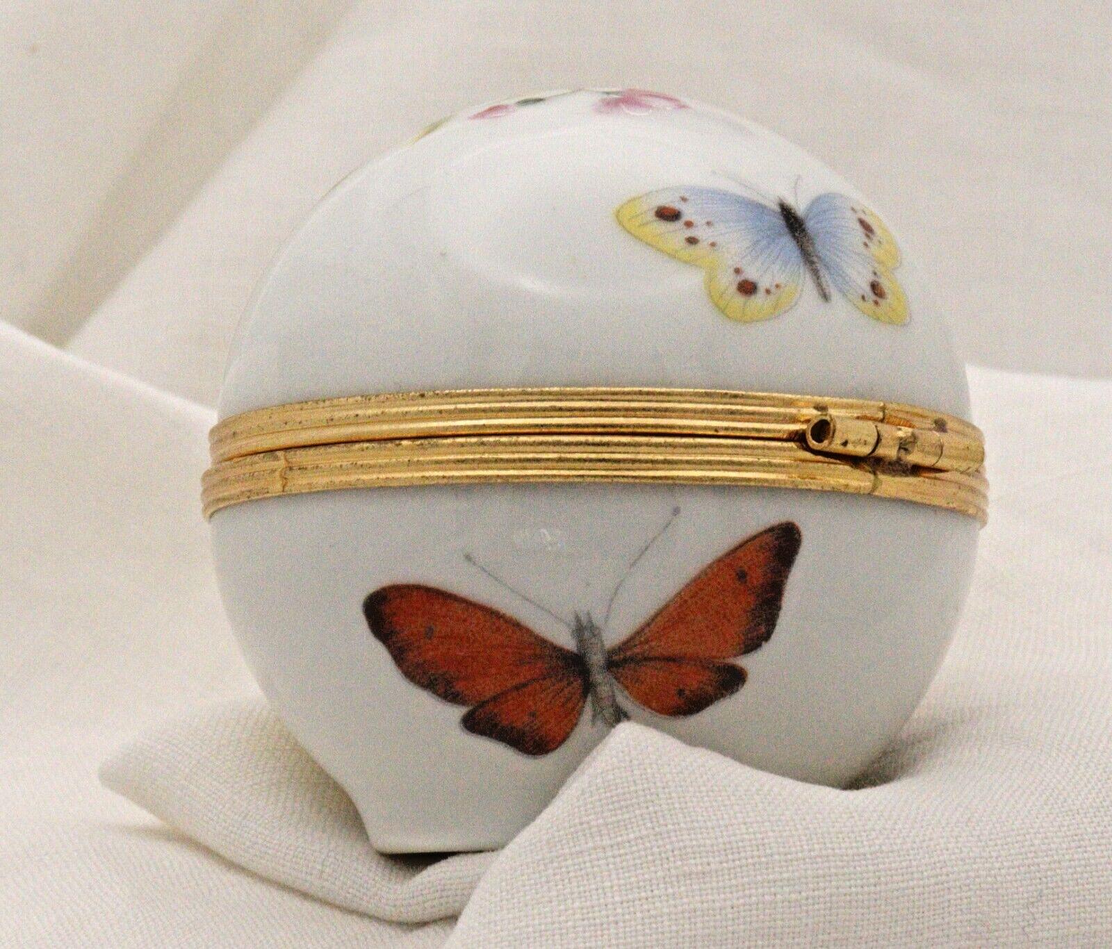 Porcelain Trinket Box: French Butterfly and Floral Art (Round, Hinged)