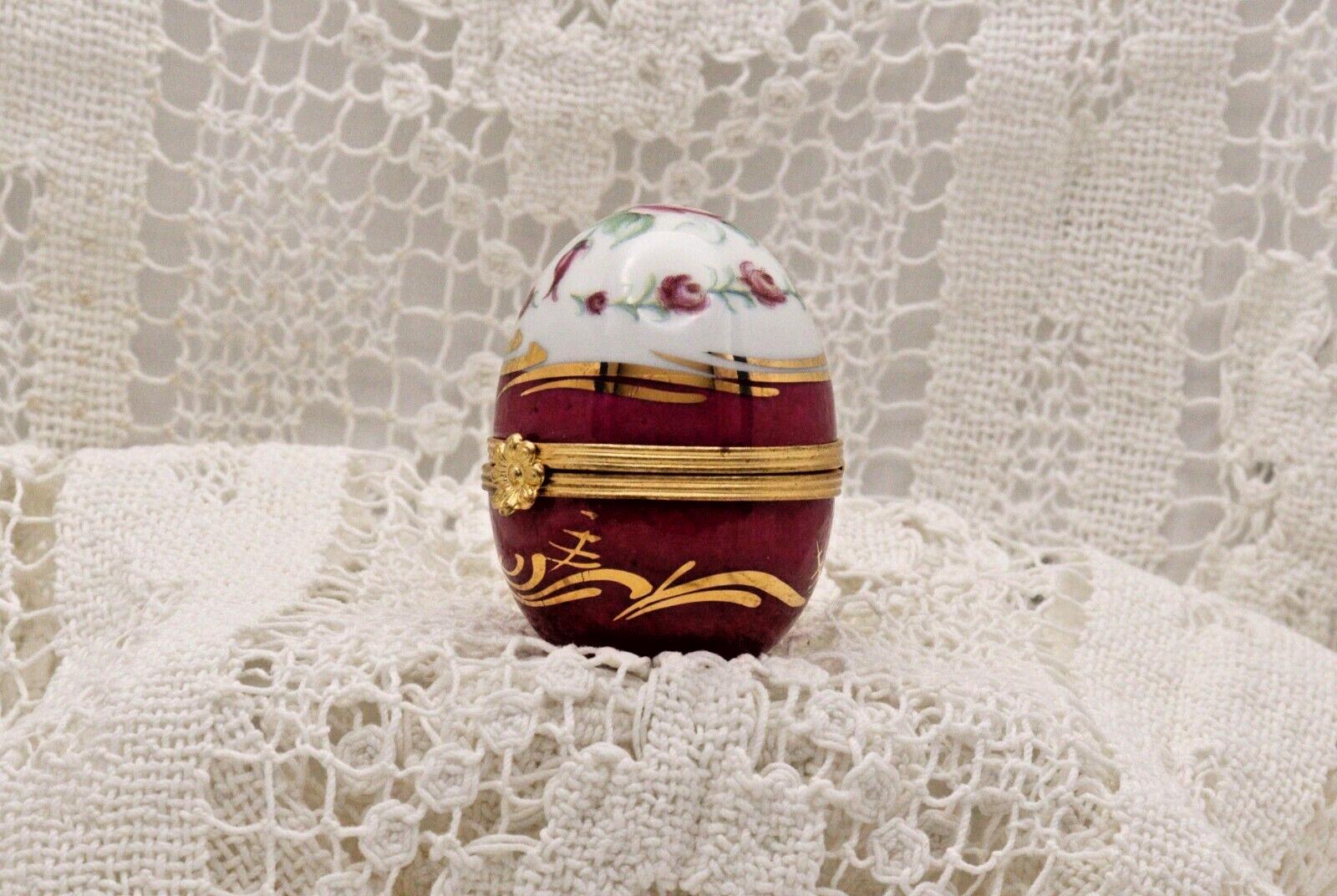 Limoges Porcelain Trinket Box, Egg Shape, Burgundy Roses (2" x 1.5")