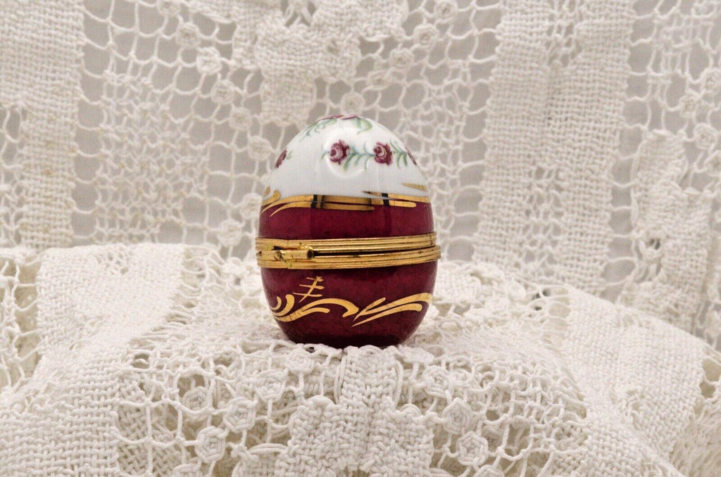 Limoges Porcelain Trinket Box, Egg Shape, Burgundy Roses (2" x 1.5")