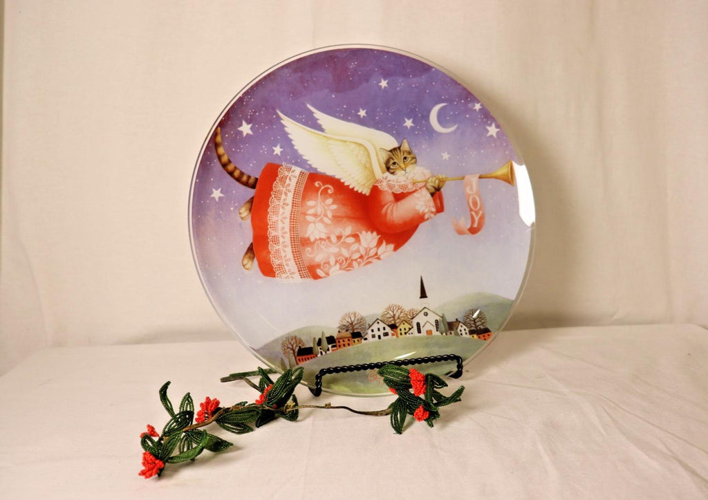 Vintage Christmas Glass Plate: Cat with Angel Wings, 13 Inch