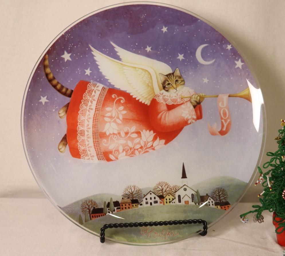 Vintage Christmas Glass Plate: Cat with Angel Wings, 13 Inch
