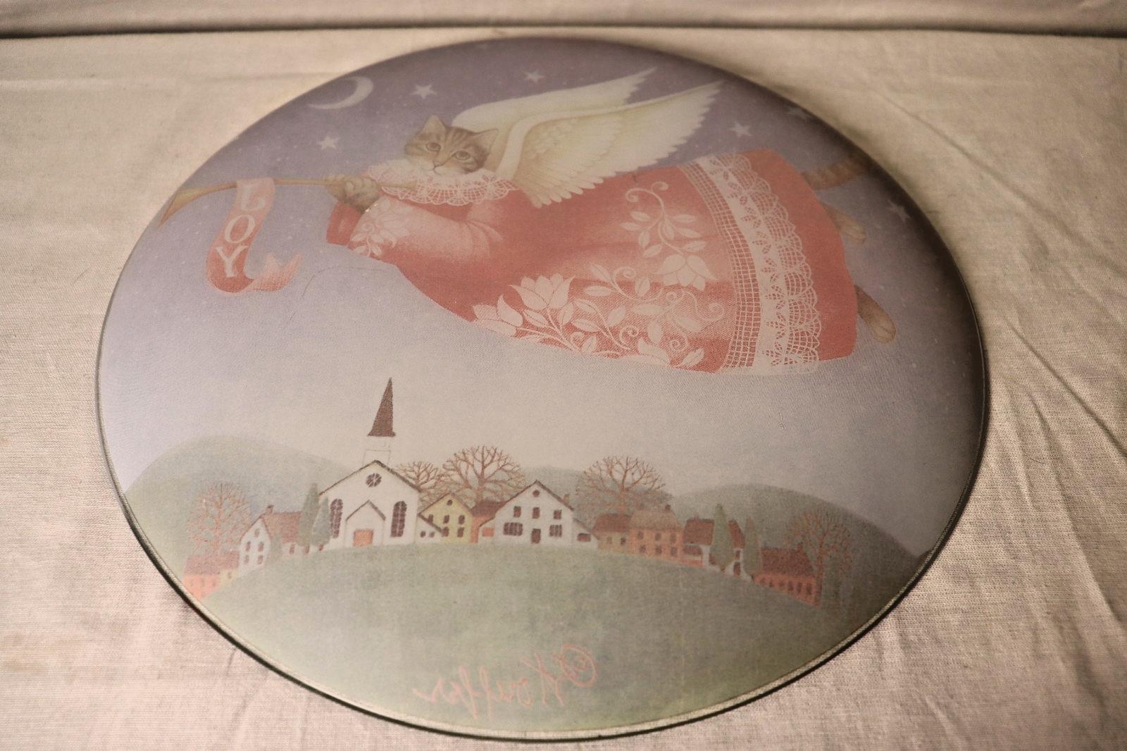 Vintage Christmas Glass Plate: Cat with Angel Wings, 13 Inch