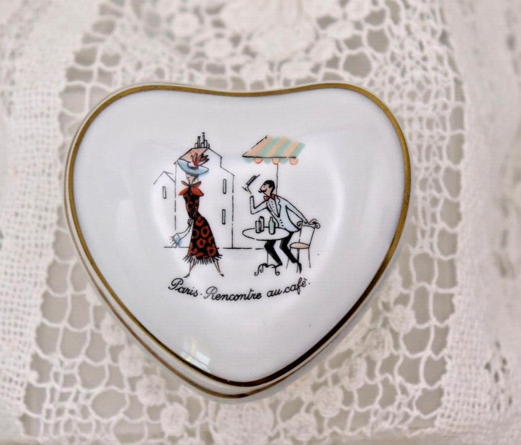 Limoges France Heart Trinket Box Paris Rencontre Au Café | Hand Painted Porcelain