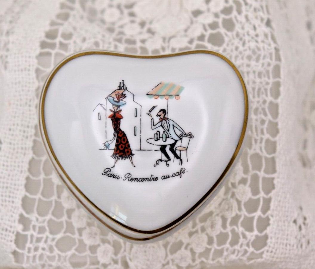 Limoges France Heart Trinket Box Paris Rencontre Au Café | Hand Painted Porcelain