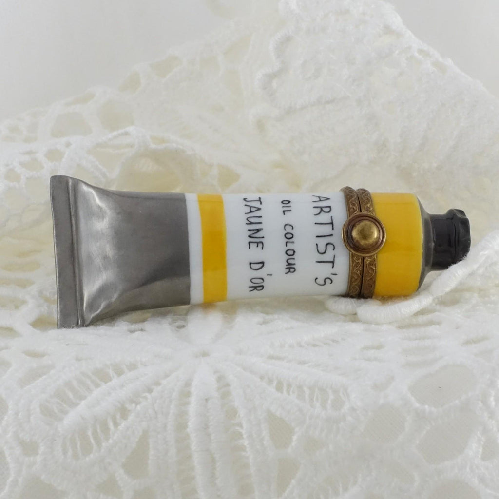 Limoges France Artist Oil Paint Tube Trinket Box | Jaune D'Or Hand Painted Porcelain