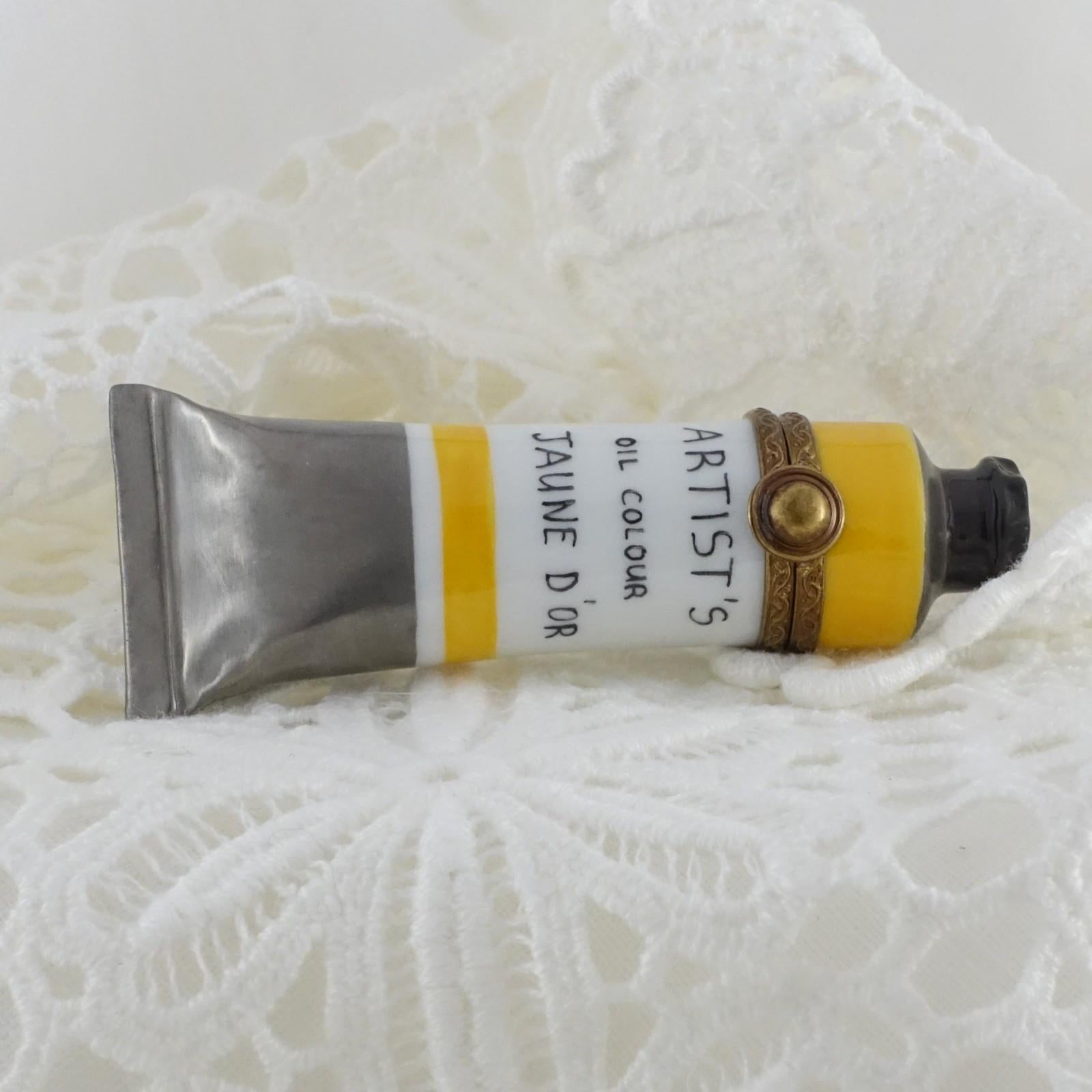 Limoges France Artist Oil Paint Tube Trinket Box | Jaune D'Or Hand Painted Porcelain