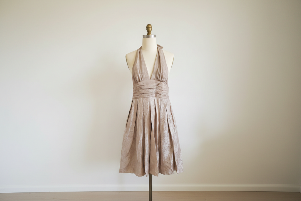 Adrianna Papell Champagne Metallic Shimmer Halter Cocktail Dress - Sz 12 - LADYBIRD LAUGH