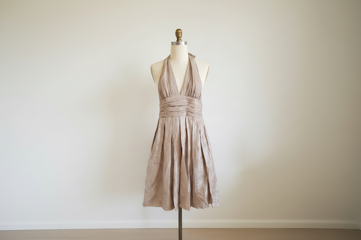 Adrianna Papell Champagne Metallic Shimmer Halter Cocktail Dress - Sz 12