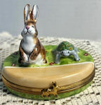 Rare Limoges France Tortoise & Hare Trinket Box Hand Painted Porcelain