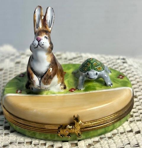 Rare Limoges France Tortoise & Hare Trinket Box Hand Painted Porcelain