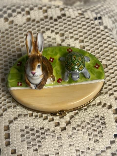 Rare Limoges France Tortoise & Hare Trinket Box Hand Painted Porcelain