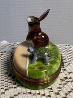 Rare Limoges France Tortoise & Hare Trinket Box Hand Painted Porcelain