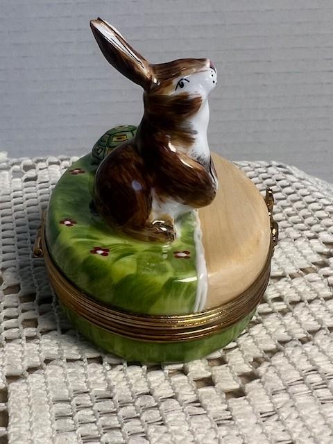 Rare Limoges France Tortoise & Hare Trinket Box Hand Painted Porcelain