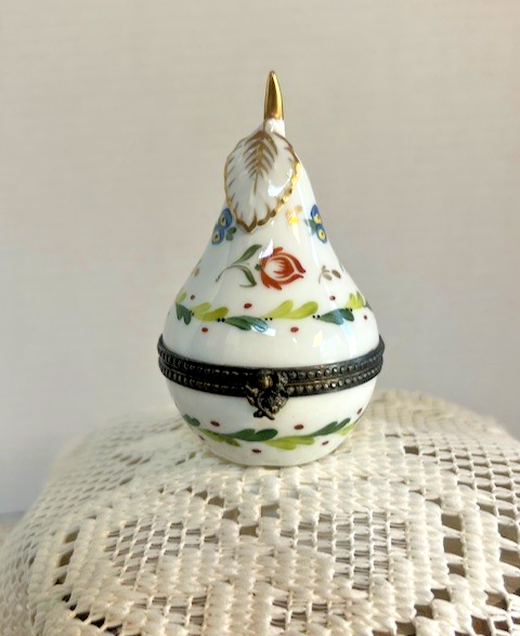 Limoges France White Pear Trinket Box | Hand-Painted Floral Porcelain