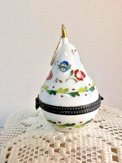 Limoges France White Pear Trinket Box | Hand-Painted Floral Porcelain
