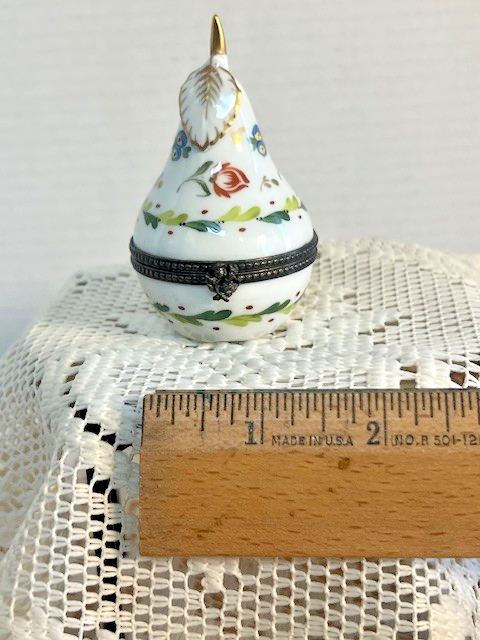 Limoges France White Pear Trinket Box | Hand-Painted Floral Porcelain