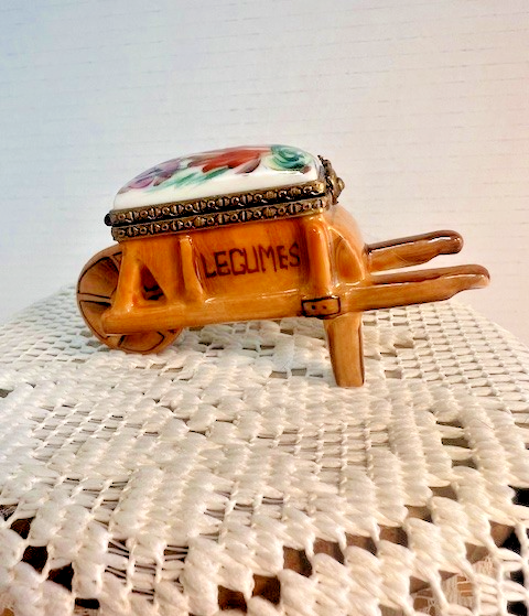 Limoges France Brown Vegetable Wheelbarrow "Legumes" Trinket Box | Hand Painted Porcelain