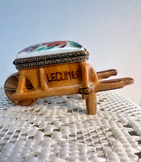 Limoges France Brown Vegetable Wheelbarrow "Legumes" Trinket Box | Hand Painted Porcelain