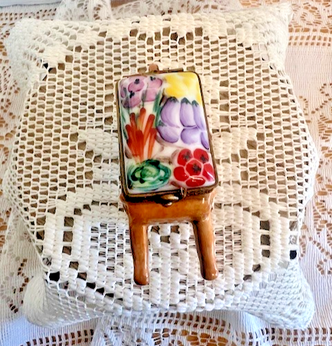 Limoges France Brown Vegetable Wheelbarrow "Legumes" Trinket Box | Hand Painted Porcelain