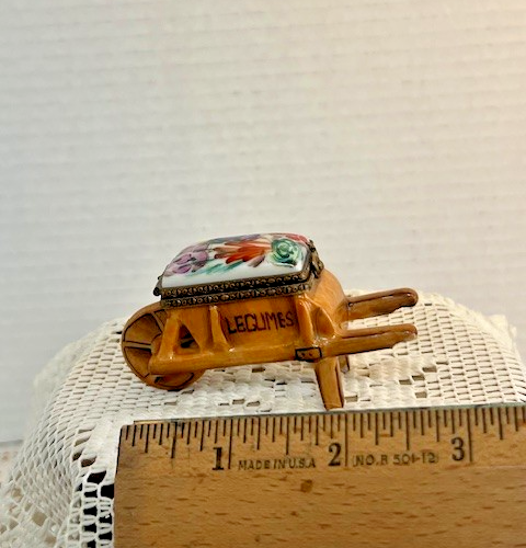 Limoges France Brown Vegetable Wheelbarrow "Legumes" Trinket Box | Hand Painted Porcelain