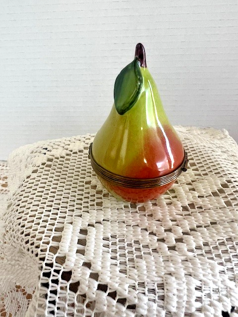 Limoges France Green Pear with Bee Trinket Box Hand Painted Porcelain