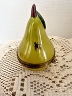 Limoges France Green Pear with Bee Trinket Box Hand Painted Porcelain