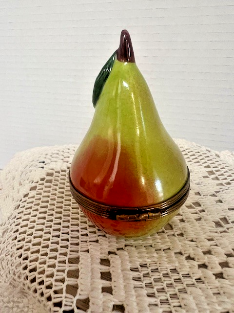 Limoges France Green Pear with Bee Trinket Box Hand Painted Porcelain