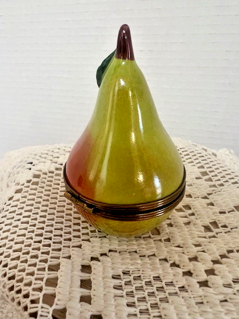 Limoges France Green Pear with Bee Trinket Box Hand Painted Porcelain