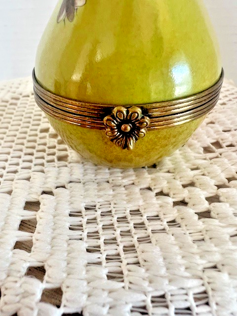 Limoges France Green Pear with Bee Trinket Box Hand Painted Porcelain