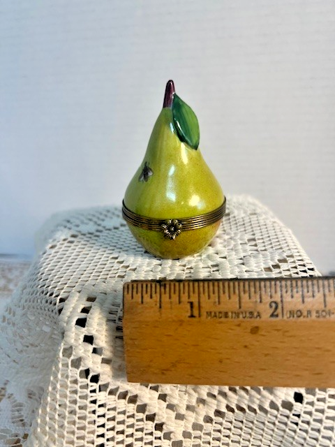 Limoges France Green Pear with Bee Trinket Box Hand Painted Porcelain