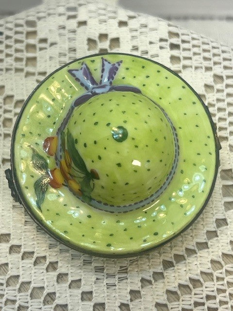Limoges France Green Fruit Sun Bonnet Trinket Box Hand Painted Porcelain