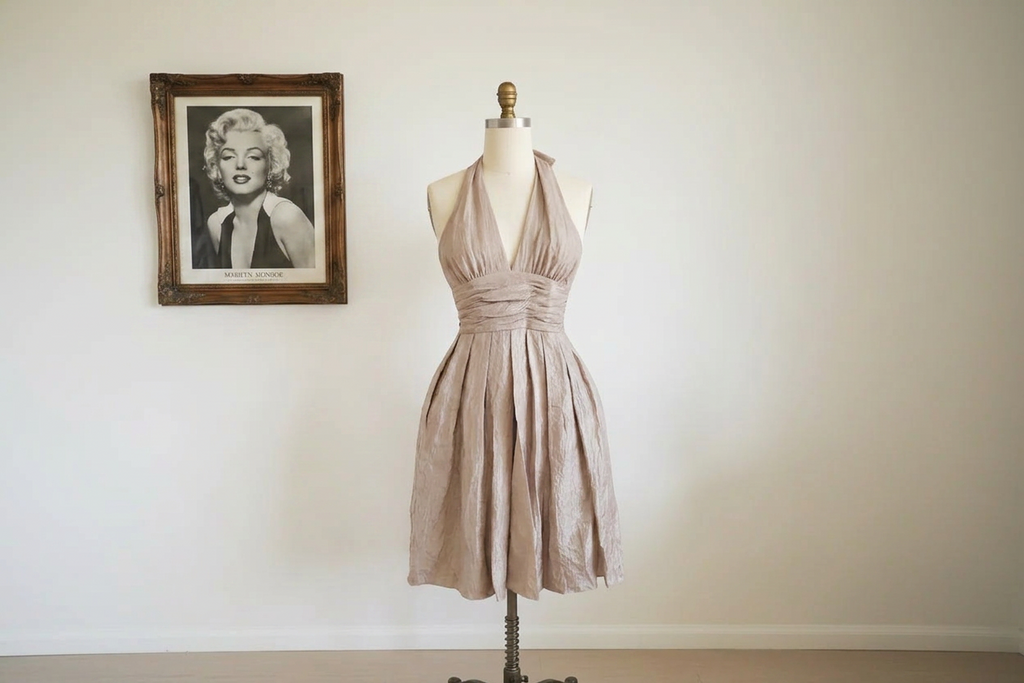 Adrianna Papell Champagne Metallic Shimmer Halter Cocktail Dress - Sz 12 - LADYBIRD LAUGH