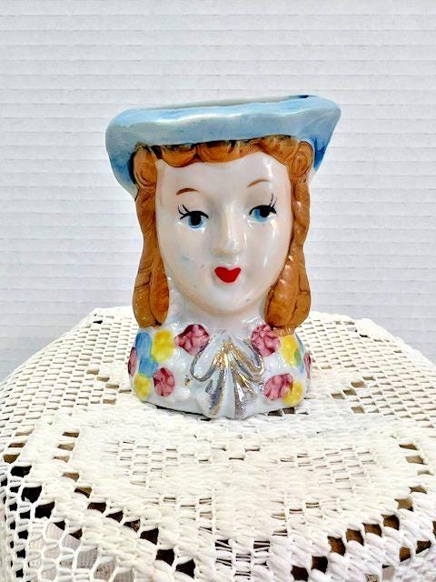 Hand Painted Porcelain Lady Head Vase, Vintage Style Ceramic Face Planter