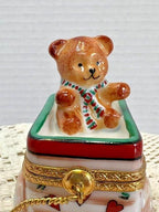 Rochard limoges teddy bear on wagon porcelain trinket box, peint main