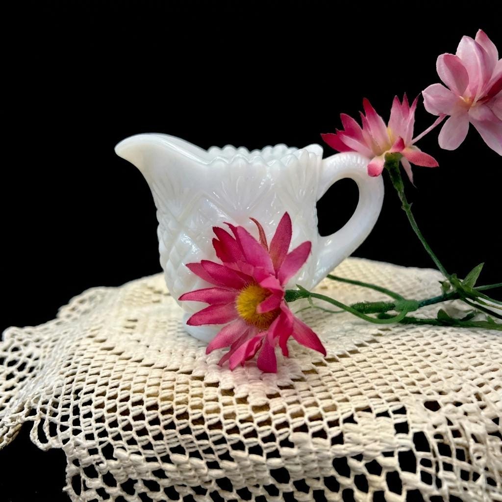 Vintage White Milk Glass Creamer | Paneled Grape Tumbalina Pattern Small Pitcher | Farmhouse Cottage Decor