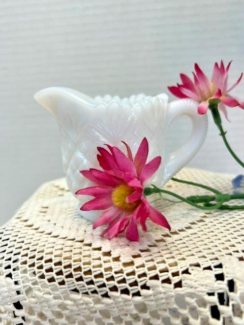 Vintage White Milk Glass Creamer | Paneled Grape Tumbalina Pattern Small Pitcher | Farmhouse Cottage Decor