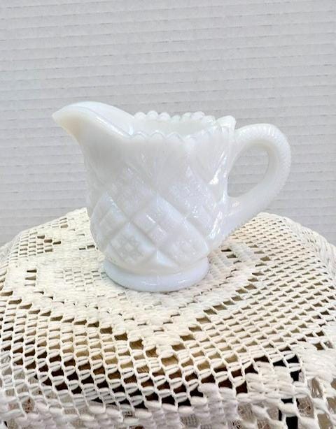 Vintage White Milk Glass Creamer | Paneled Grape Tumbalina Pattern Small Pitcher | Farmhouse Cottage Decor