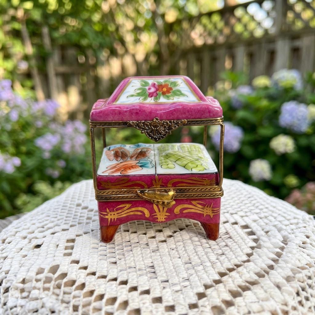Limoges pink vegetable cart porcelain trinket box, peint main