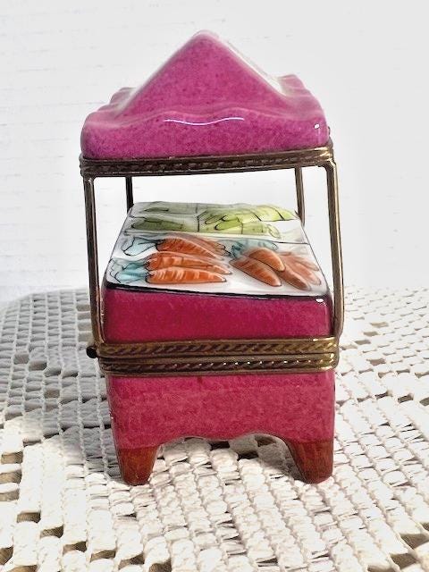 Limoges pink vegetable cart porcelain trinket box, peint main