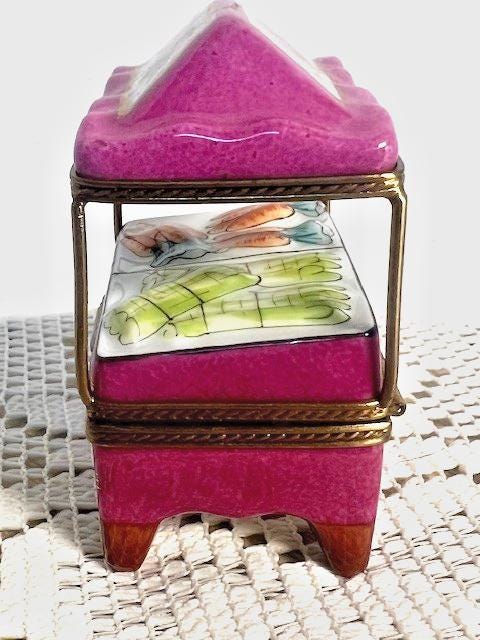 Limoges pink vegetable cart porcelain trinket box, peint main