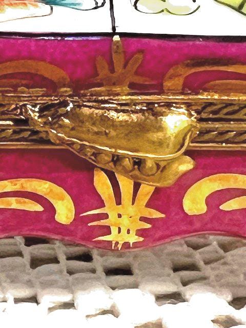 Limoges pink vegetable cart porcelain trinket box, peint main