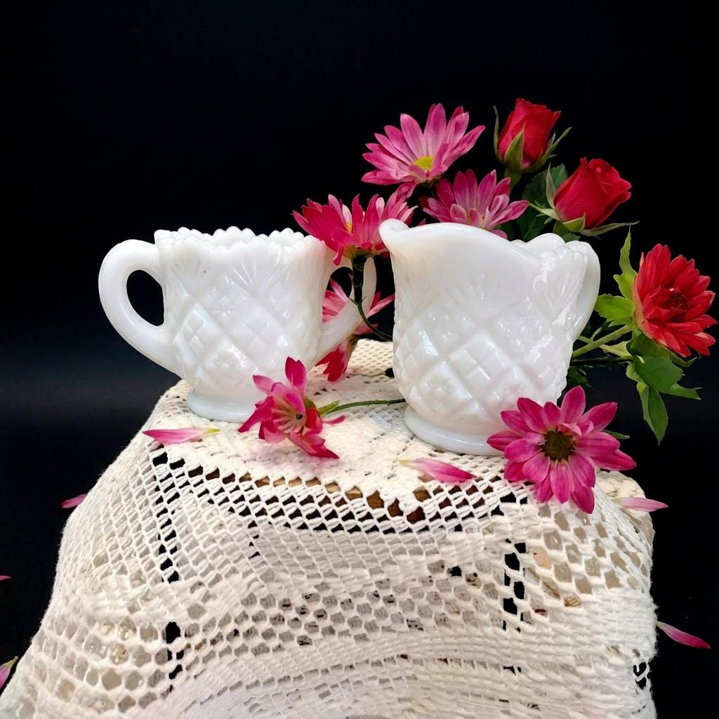 Vintage westmoreland thumbelina milk glass creamer and sugar bowl duo