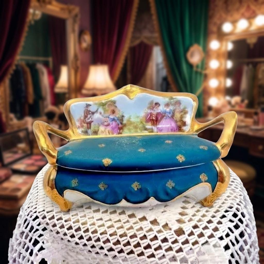 Limoges france blue green settee porcelain trinket box, peint main
