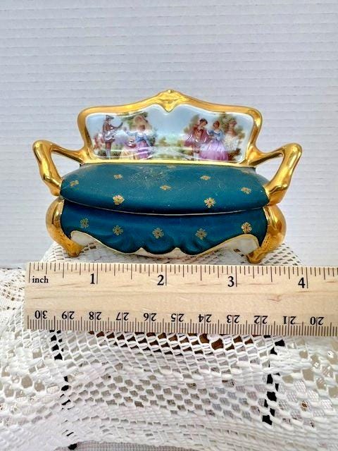 Limoges france blue green settee porcelain trinket box, peint main