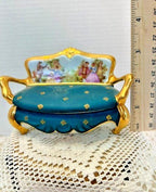 Limoges france blue green settee porcelain trinket box, peint main