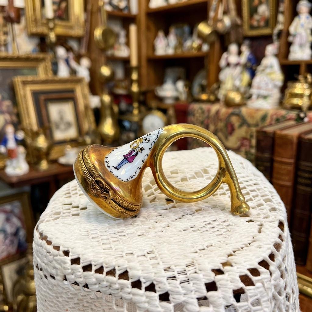 Limoges france gold french horn porcelain trinket box, peint main