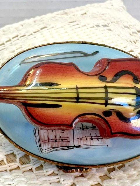 Limoges france violin on blue pillow porcelain trinket box, peint main rochard